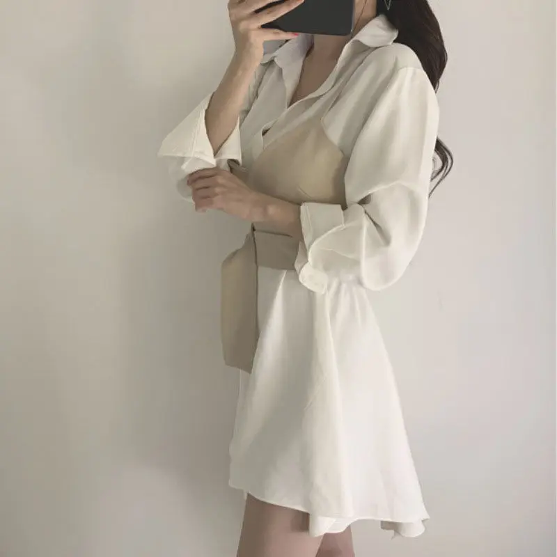 

Shirt Dress for Women 2021 Summer Korean Style Clothing Chic Fashion Elegant Long Sleeve Loose Turn-Down Collar New aq895