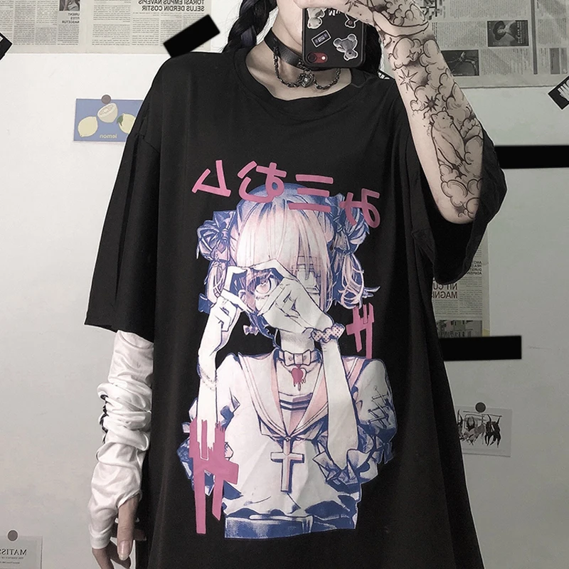 

Korean Fashion Style Gothic Cartoon Print Short Sleeve Women's T-shirt Female 2021 Spring/Summer Loose Half-Sleeve Top E Girl