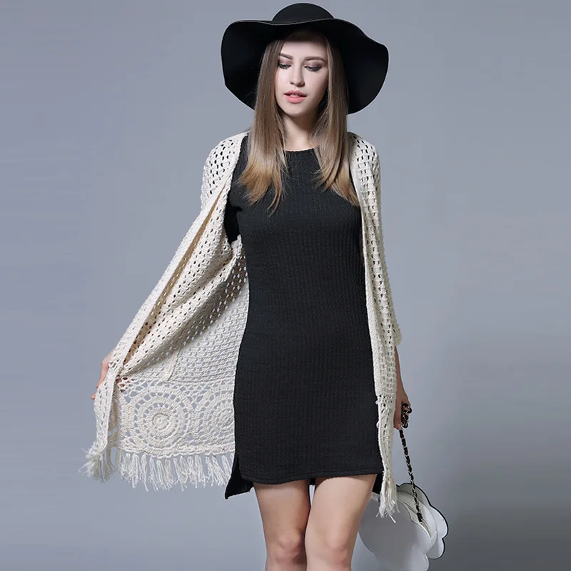 Вязаный кардиган с бахромой Женский длинный вязаный большого размера длинными
