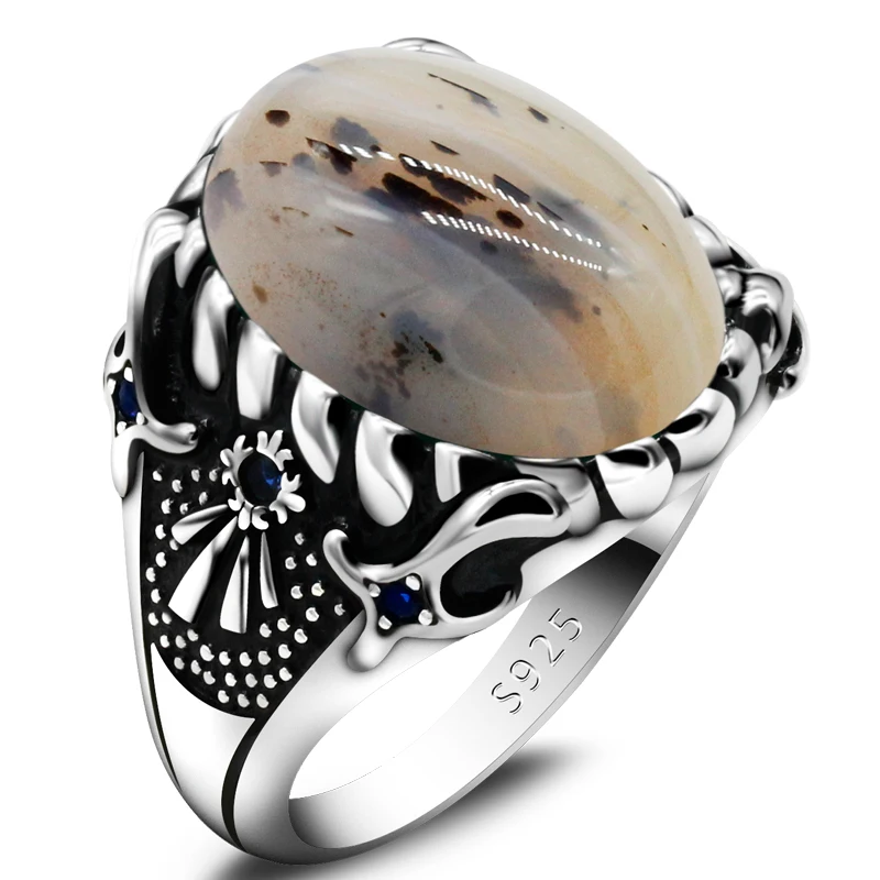 

Genuine 925 Sterling Silver Men's Double Knife Ring Natural Stone Jewelry Fashion Retro Gift Aqeq Zircon Onyx Men's Accessories