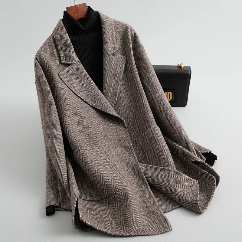 coffee Женский 19FW двусторонний шерстяной твидовый блейзер с узором в елочку в полоску осенне-зимнее пальто куртка - Цвет: coffee