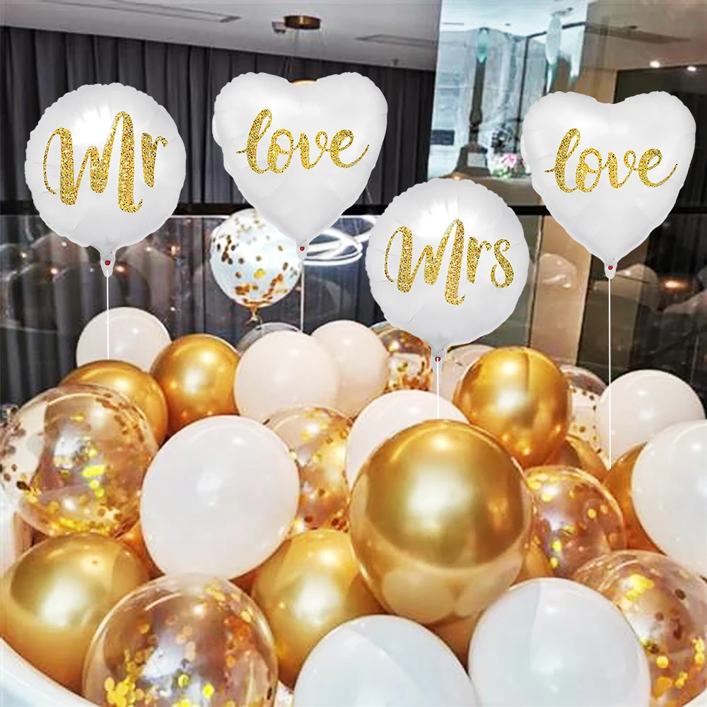 

Round Heart White Gold Glitter Print Mr&Mrs LOVE foil Balloons bride to be marriage Wedding Valentine's Day Decor