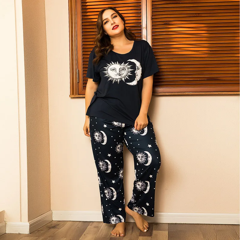 

2020 New Casual Summer Plus Size Pajamas Women Short Sleeve Trousers Suit Cotton Pajamas Cartoon Home Clothing Pajamas 2 Piece