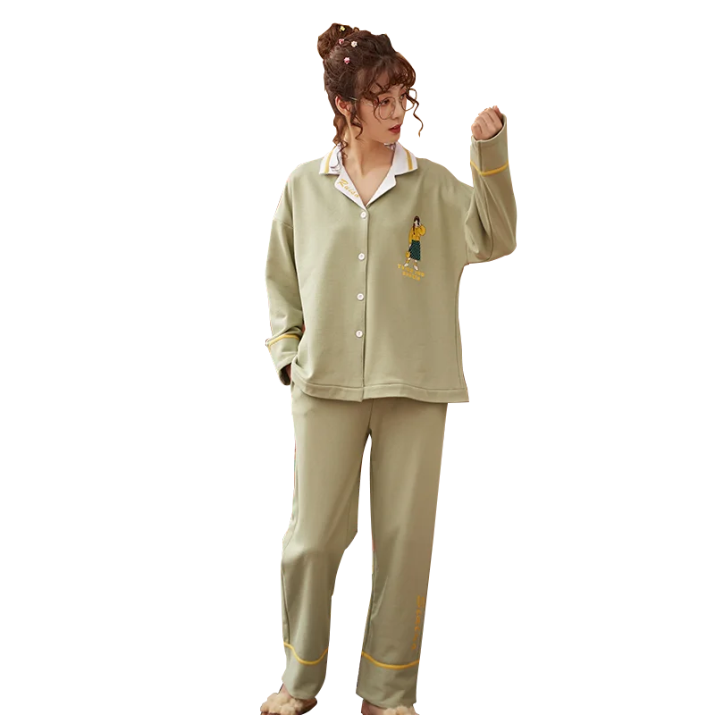 

BZEL Green Sweet Girl Pajama Set Cotton Sleepwear Casual Loose Homewear Cardigan Nightwear Plus Size Pijama Woman New Autumn 2PC