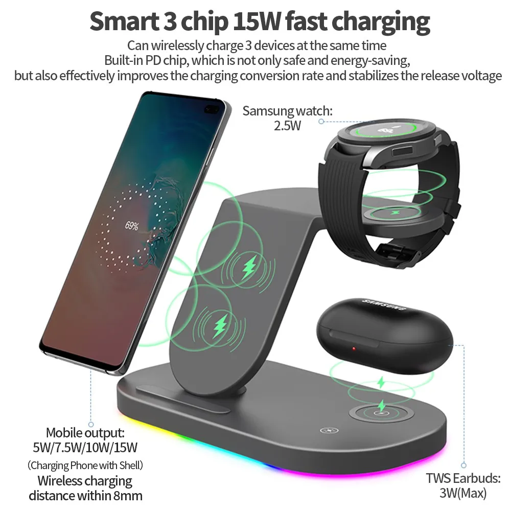fast wireless charger qi 3 in 1 wireless charging dock station for samsung galaxy watch for iphone 12 xiaomi huawei for airpods2 free global shipping