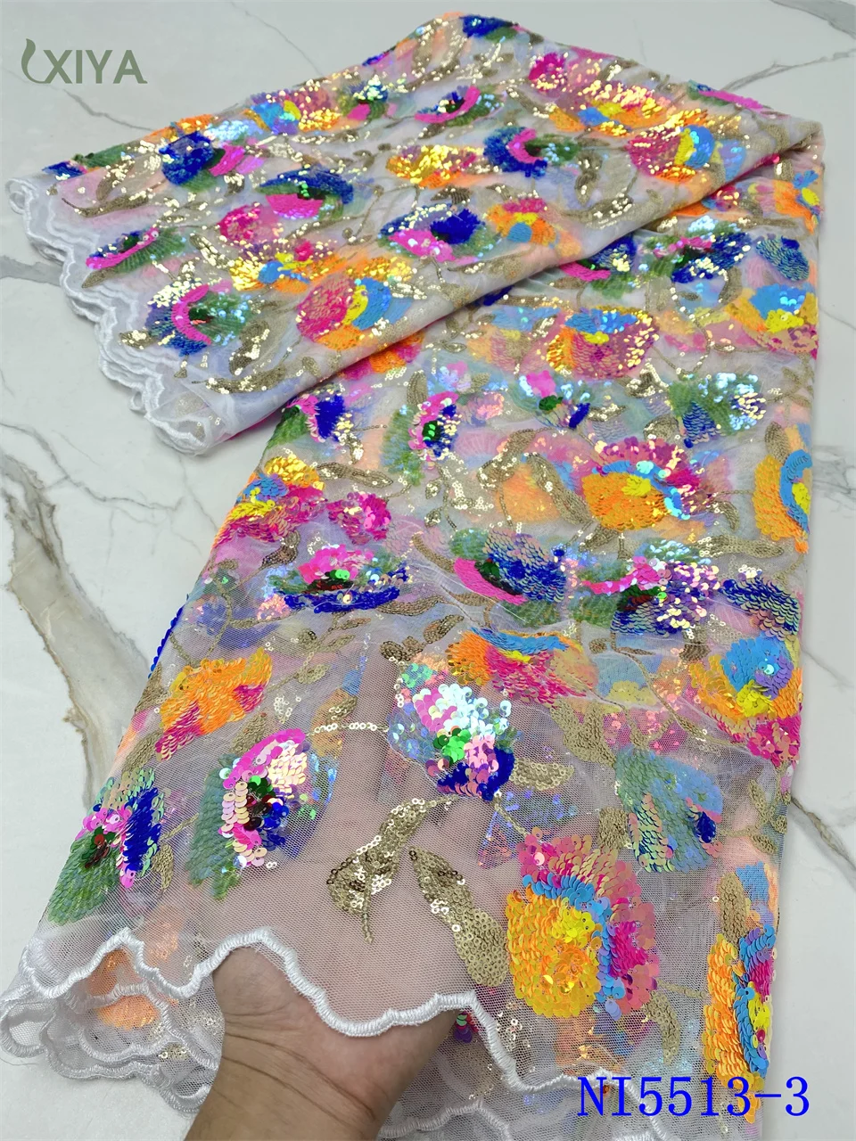 

Beautiful African Sequin Lace Fabric Embroidery Nigerian Sequence Laces Fabrics for Sewing French Mesh Tulle Lace Fabric NI5513