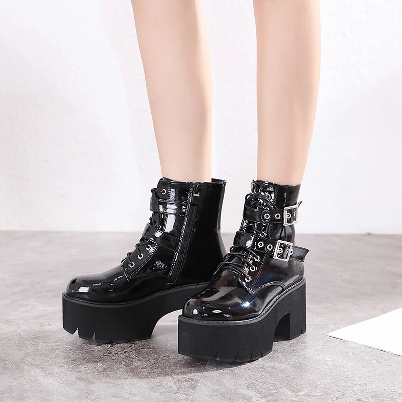 

Krasovki Motorcycle Ankle Boots Genuine Leather Black Motorcycle Women Boots Platform Chunky Heel Shoes For Female
