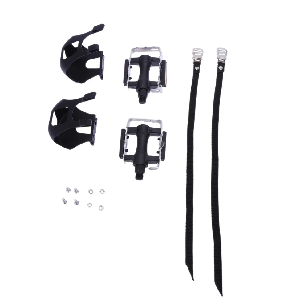 

1 Pair of Pedals with Toe Clip and Straps Universal Pedals Accessory Anti-skid Bike Part(Silver Pedal)