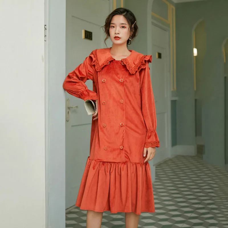 LANMREM 2020 Новое весеннее вельветовое платье с кукольным воротником для женщин