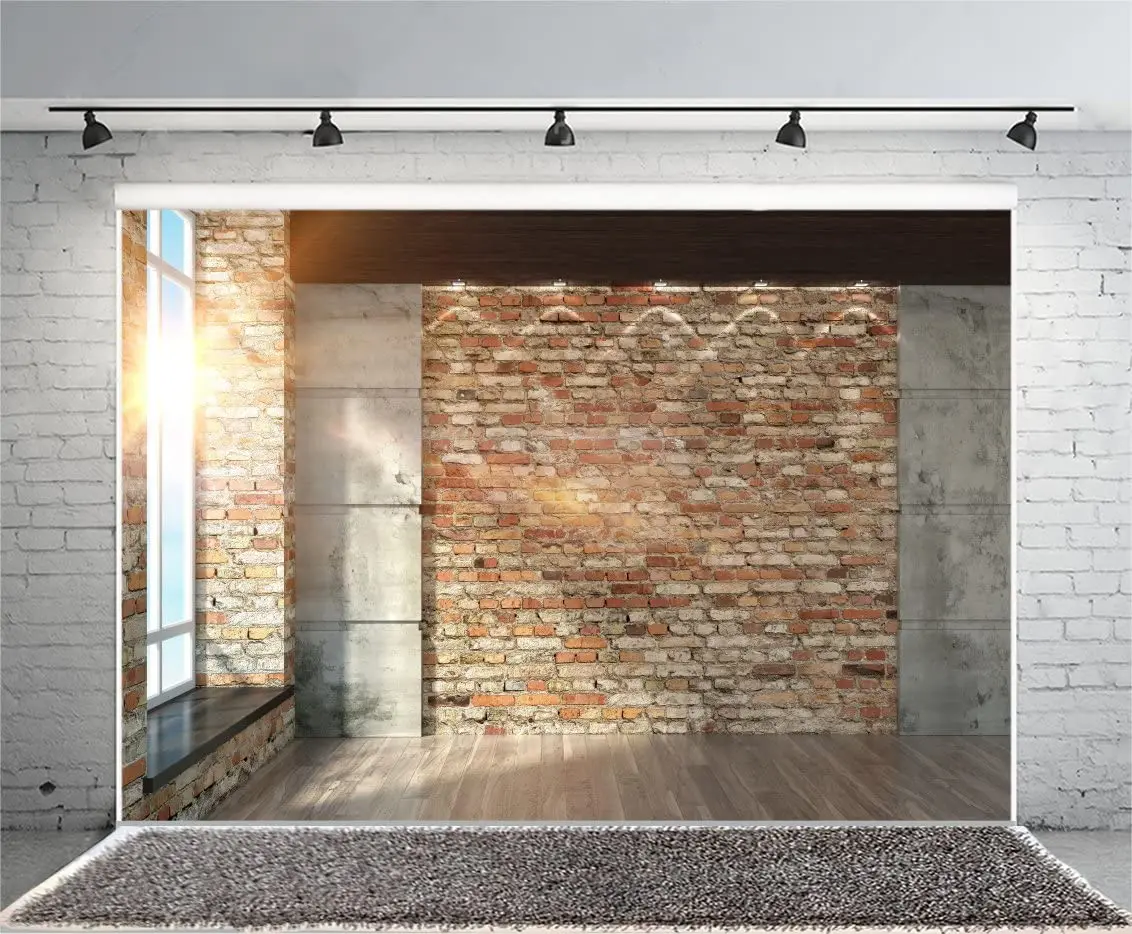 

Фон для фотосъемки с изображением современной комнаты фотообои в винтажном стиле с изображением кирпичной стены окна солнечного света деревянного пола цемента мрамора Кабинета внутри