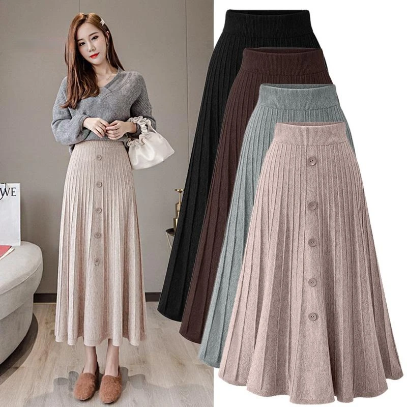 

Однобортная трикотажная Женская плиссированная юбка с завышенной талией, Женская юбка средней длины, свободная юбка из искусственной кожи, Осень-зима, новая мода