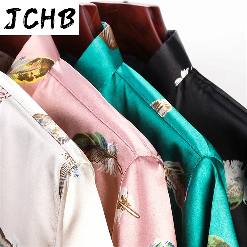 

Man's Summer Long Sleeve Silk Shirts Party Social Large Satin Shirts Green Feathers Pink Dress Shirt For Mens Plus Size Clothing