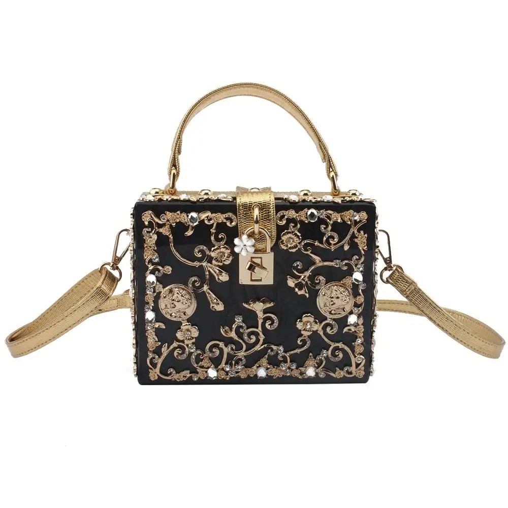 Женская сумка через плечо вечерняя клатч с кристаллами и металлическими цветами