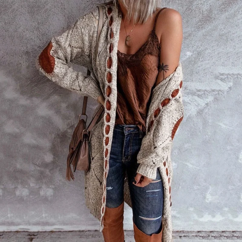 

Spring Women Long Knitted Cardigan Sweater Casual Long Sleeve Loose Hooded Splicing Tops Coat Knit Cardigans Pockets Coats Mujer