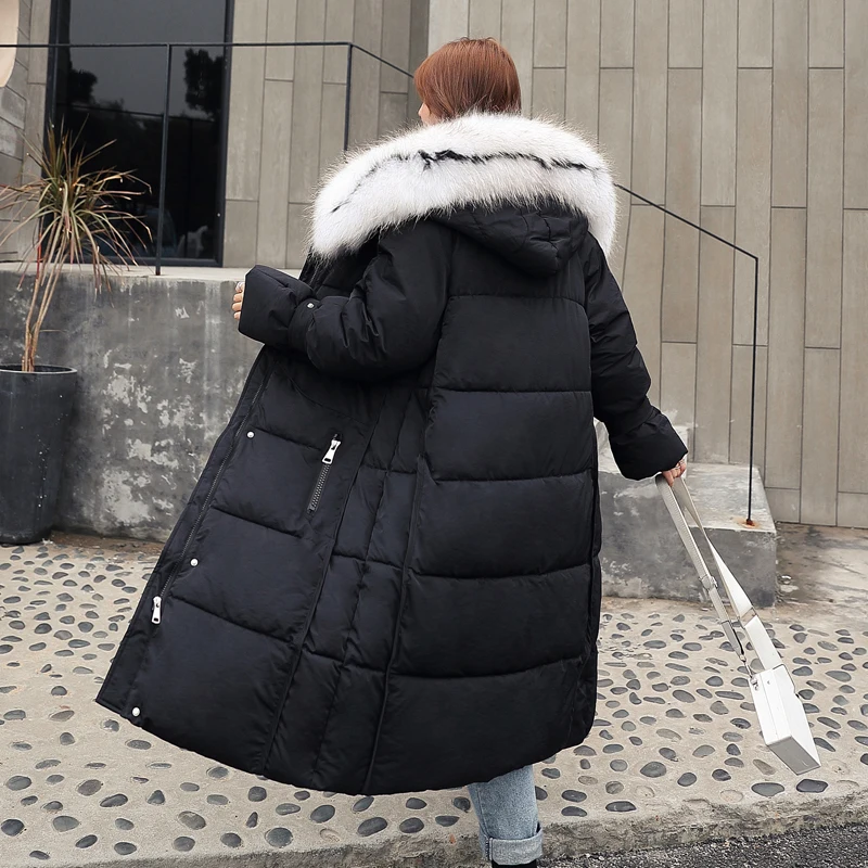 Женские зимние парки с густым меховым воротником однотонные куртки капюшоном из