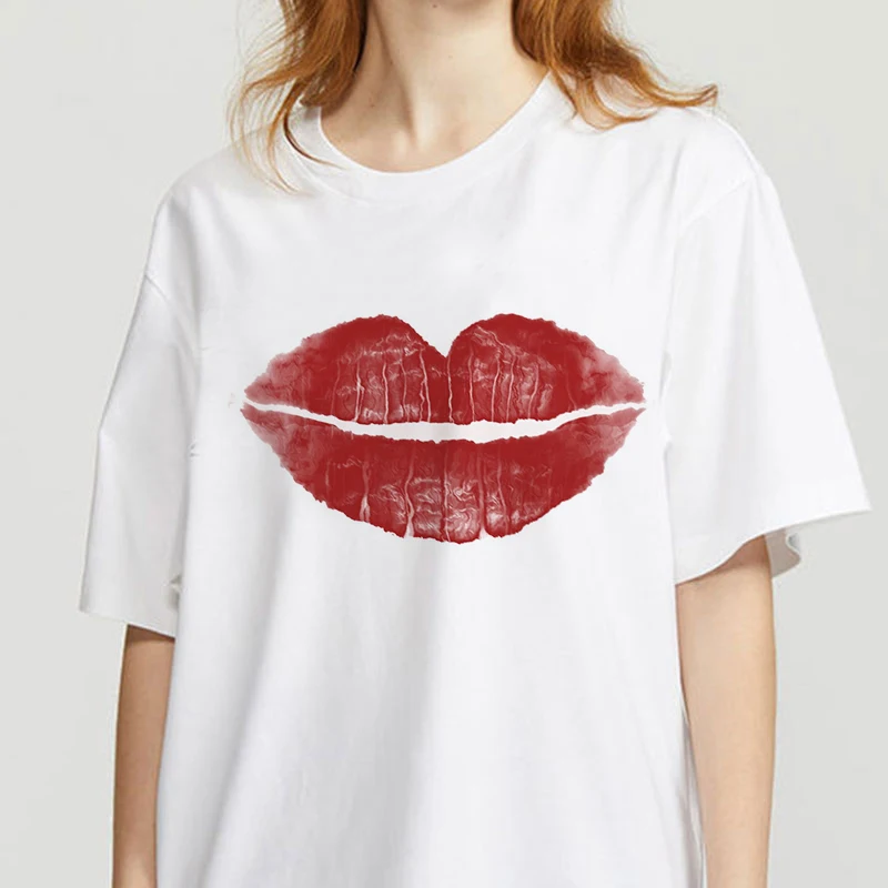 

Big Red Mouth Lip Kiss Kiss Printed Lady O-Neck T-shirt Summer Top Tee Funny Graphic T-shirt Femme Harajuku T-shirt