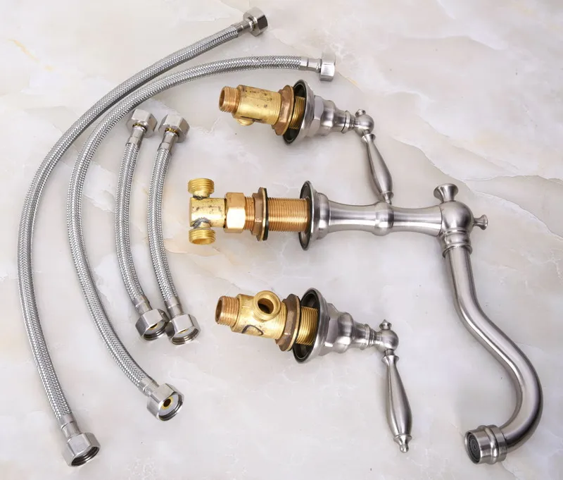 Brushed Nickel Brass Widespread Deck-Mounted Tub 3 Holes Dual Lever Handles Kitchen Bathroom Sink Basin Faucet Tap mbn013 | Обустройство