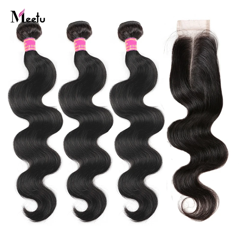 Бразильские волнистые волосы с закрытием 100% человеческие Meetu не Remy уток