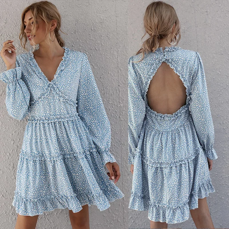 

Kili Women's Halter V-Neck Ruffled Cake Skirt Dress Long Sleeve Printed Mid Skirt Blue
