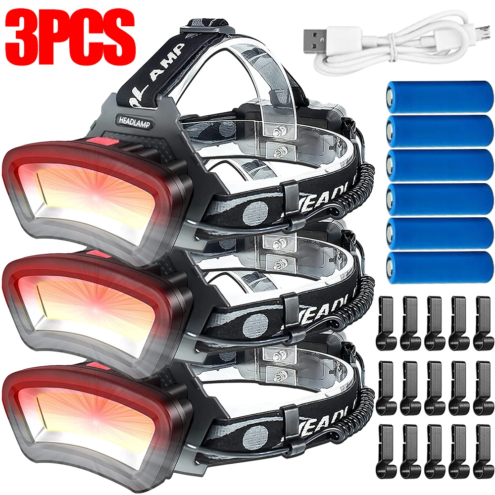 

3/2/1PCS COB Headlamp Flashlight Floodlight Rechargeable LED Headlight With Red Light for Camping Hiking Running Repairing