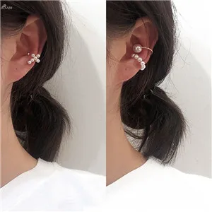 AOMU Korean Chic Style S925 Sterling Silver Pin Gold Metal Curved Wave Line Pearl Circle Earrings for Women Girl Jewelry Set