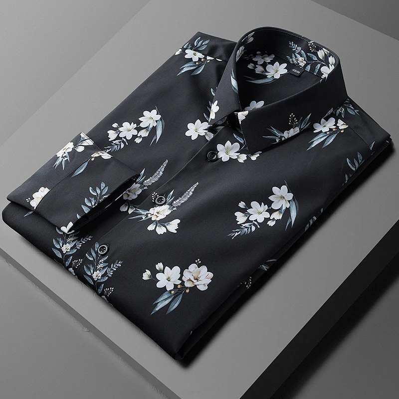 

2021 Spring Mens Shirts Luxury Flower Printing Long Sleeve Casual Mens Dress Shirts Fashion Slim Fit Party Male Shirts