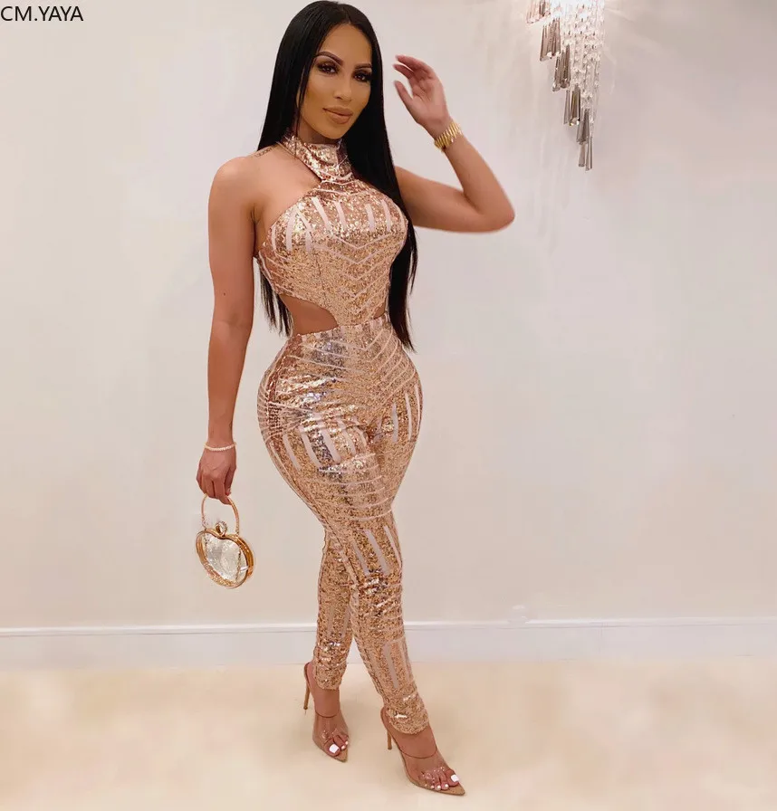 Женские комбинезоны с лямкой на шее без рукавов расшитые блестками открытой