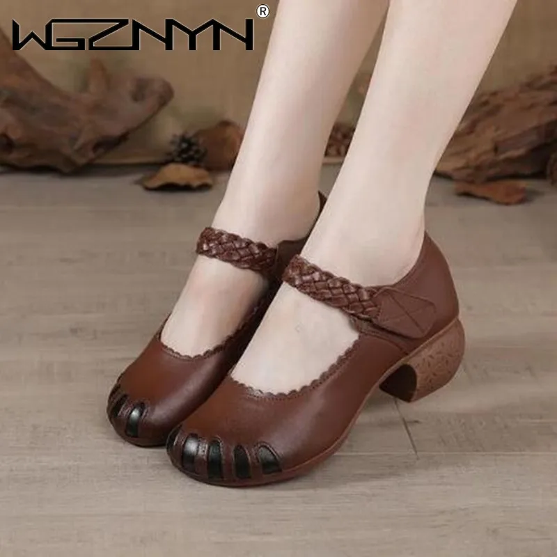 

Summer Women Sandals 2021 New Ethnic Retro Genuine PU Leather Comfortable Thick High Heel Sandals Women Shoes Zapatillas Mujer