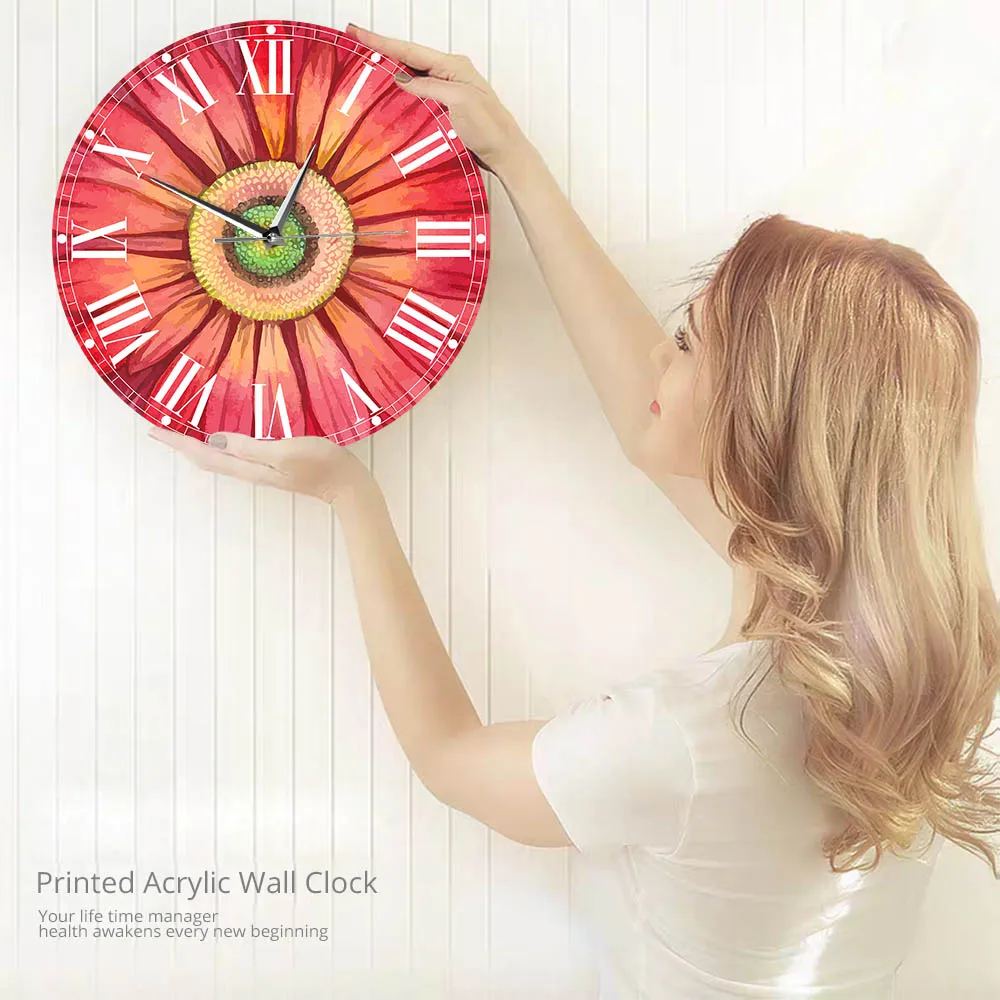 

Red Watercolour Gerbera Daisy Paints Large Wall Clock Watch Sunflower Floral Pattern Horologe Living Room Decoration Mute Clocks