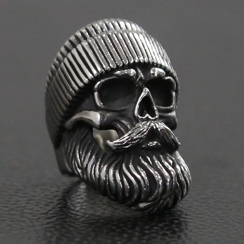 

Punk Big Beard Wear Hat Skull Ring Men Boys Stainless Steel Old Man Skull Biker Rings Cool Hip Hop Jewelry Creativity Gift