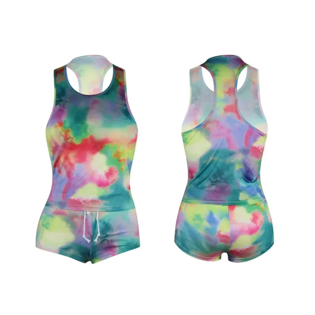 Tie-dye Print Cami Sexy Tank Top women Biker Shorts 2 Two Piece Set 2020 Summer Women Tracksuit Crop Tops streetwear femme | Женская