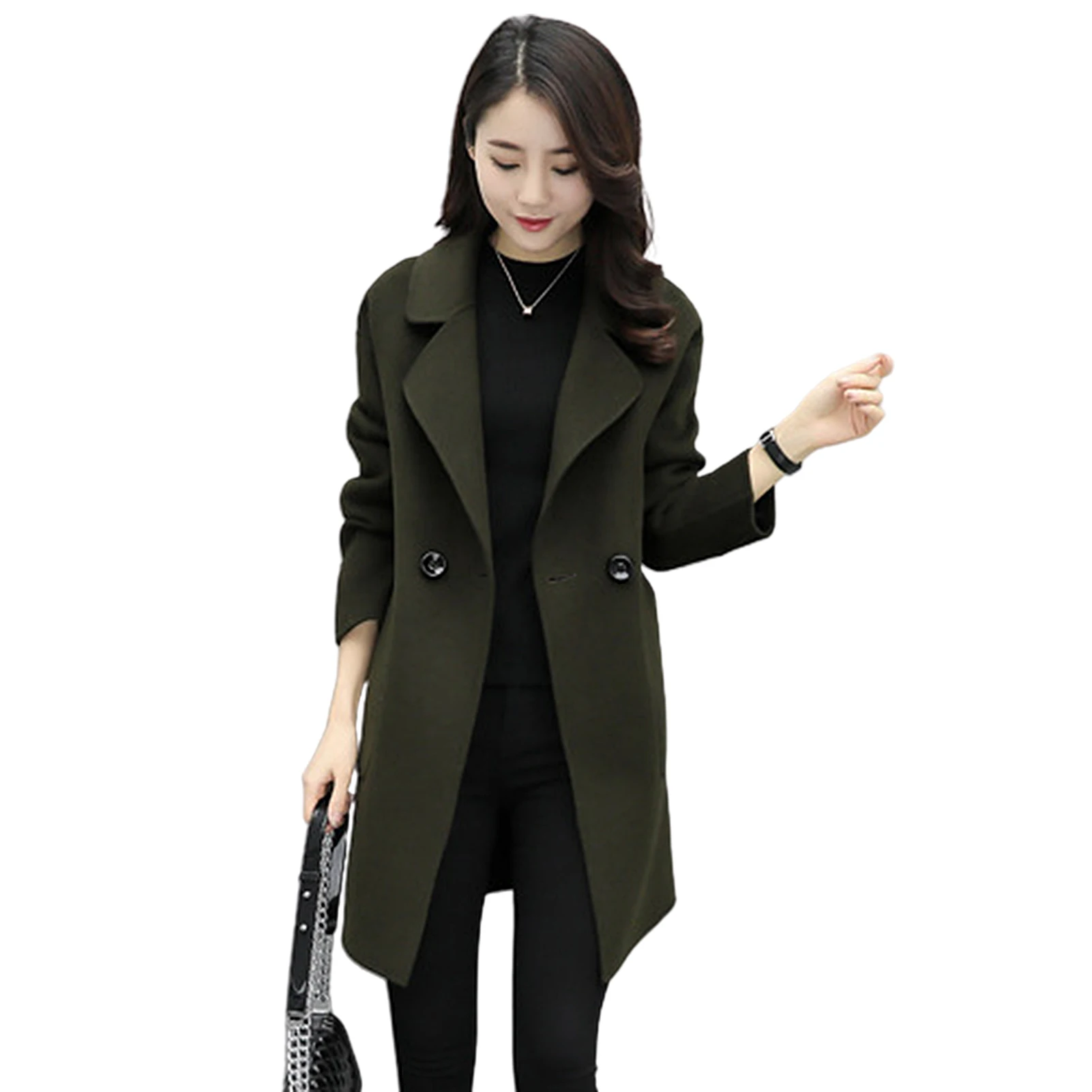 

Women Autumn Winter Solid Color Pocket Button Mid-length Coat Slim Overcoat