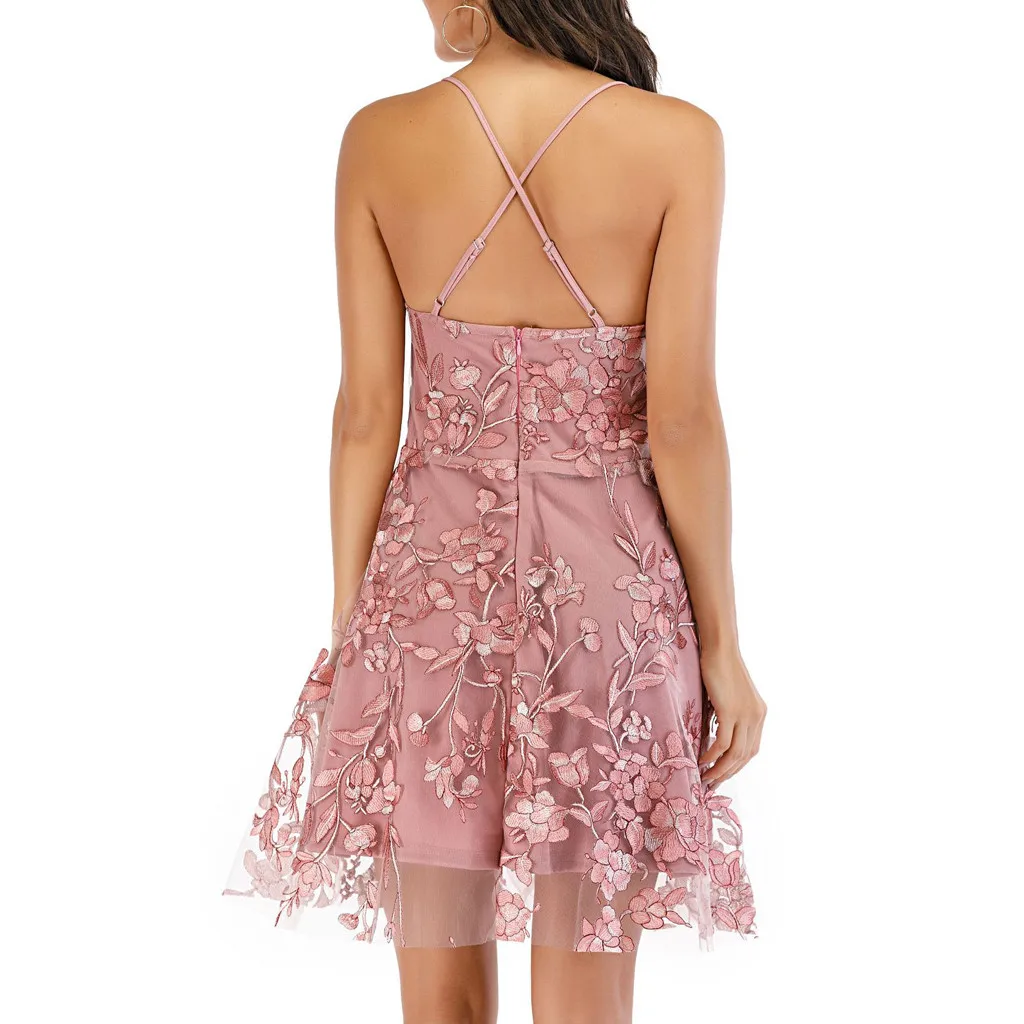 

Fashion Floral Embroidery Lace Party Dress For Women Sexy Spaghetti Strap V-neck Sleeveless Mini Dresses High Waist A Line Dress