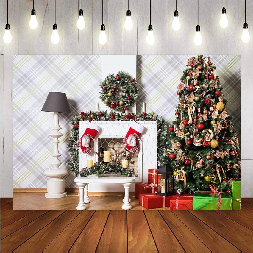 Фон для фотосъемки Рождество Зима Рождественская елка камин Подарок Мигающие