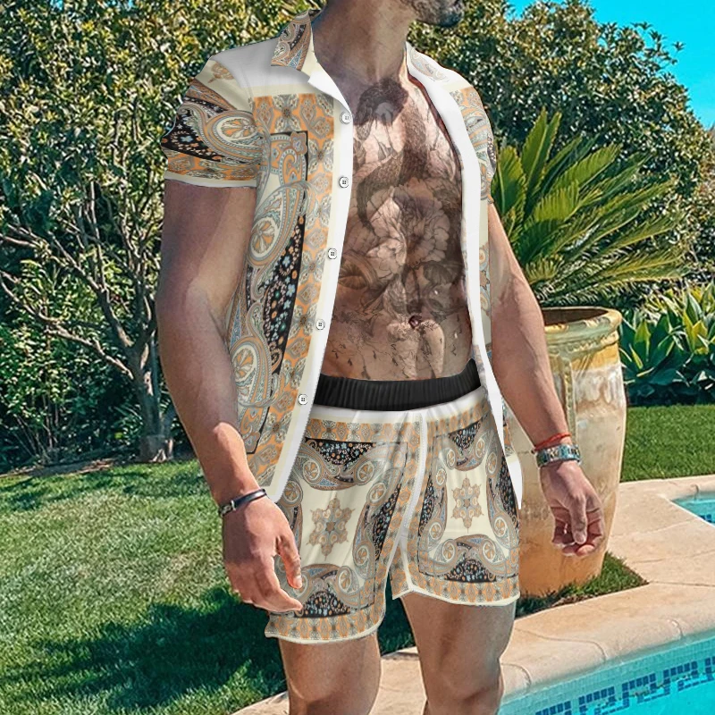 

NEW Men Hawaiian Sets Printing 2021 Summer Short Sleeve Button Shirt Beach Shorts Streetwear Casual Mens Suit 2 Pieces S-4XL