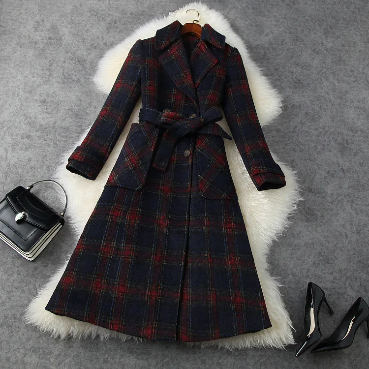 

European and American women's wear 2020 winter new style Long-sleeved suit collar check print Fashionable belted woolen coat