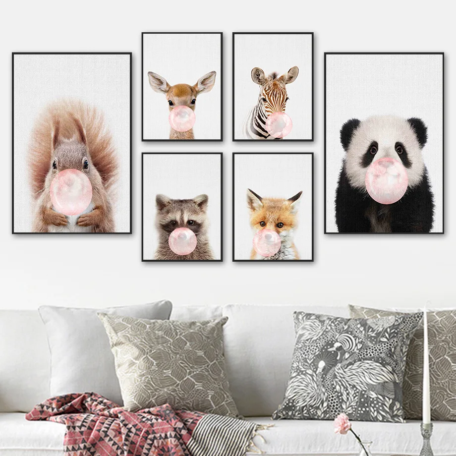 

Panda Zebra Giraffe Squirrel Pink Bubble Wall Art Canvas Painting Nordic Posters And Prints Wall Pictures For Living Room Decor