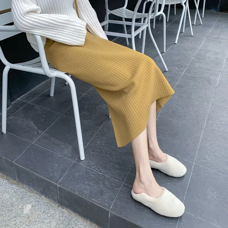 

GOOHOJIO 2020 New Autumn and Winter Casual Knitting Skirt Ladies A-line High Waist Women Skirts Thicken Split Skirts for Women