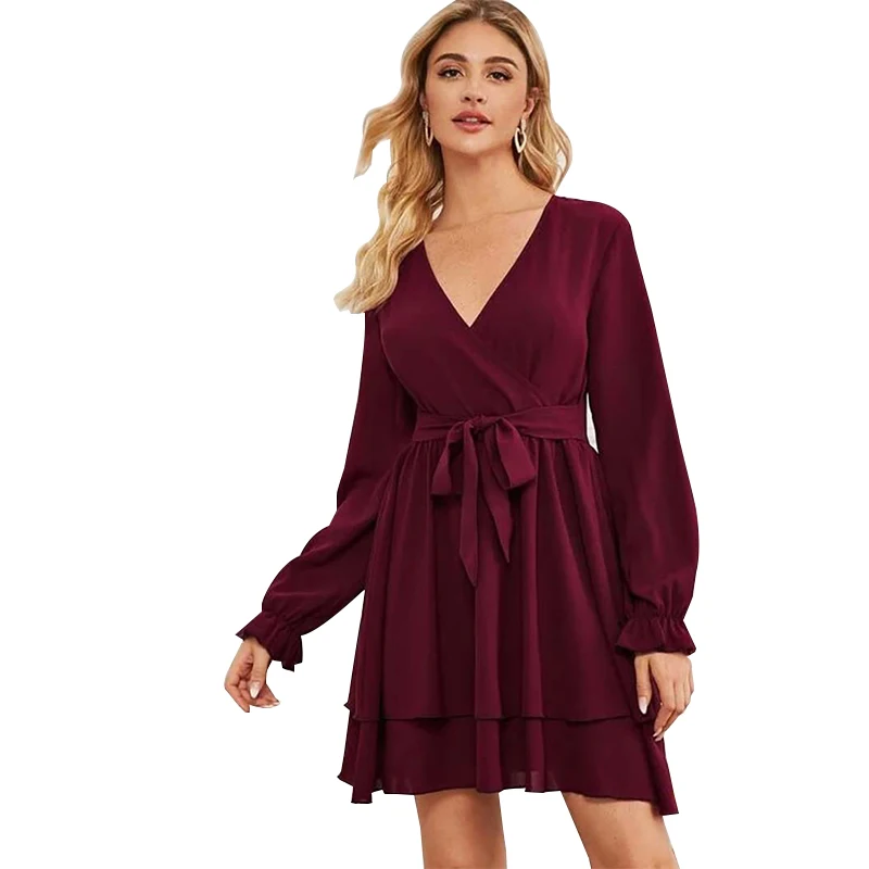 Сезон весна-осень Элегантная женское платье однотонное сексуальное с v-образным