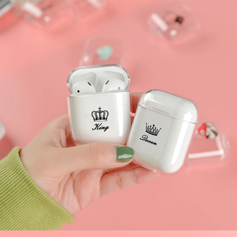 Мягкая одежда с принтом милой Air стручки чехол для Apple airpods Чехол класса люкс King queen Корона Bluetooth наушники чехол для Airpods 2 прозрачный чехол из ТПУ