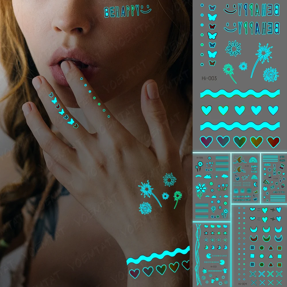 

Blue Luminous Glow Tattoo Sticker Love Heart Butterfly Waterproof Temporary Tatoo Small Finger Wrist Fake Tatto For Body Art