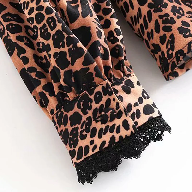 

Women Spring Autumn Peter Pan Collar Tops Leopard Printed Pullover Top Lace Patchwork Office Lady Fashion Loose Tops Outerwear