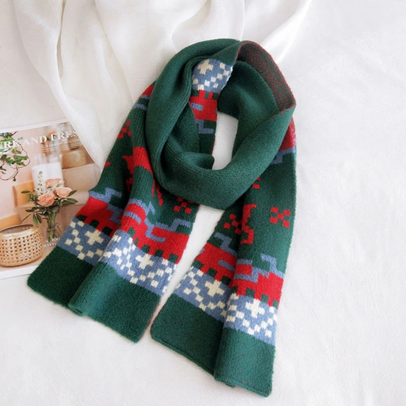 

Vintage Christmas Scarf Women Wool Knitted Scarf Small Plaid Elk Pattern Scarf Winter Warm Thick Shawl Girls Christmas Gift Hot