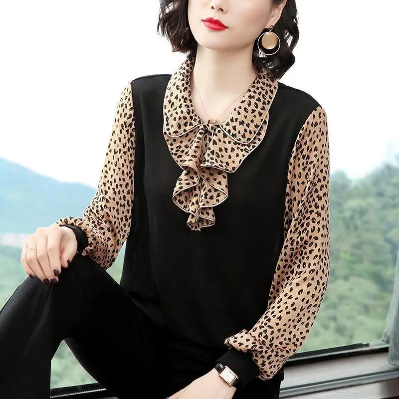 

Vintage Ruffle Top Blouses Plus size Women Clothing Leopard Long Sleeve Shirt Loose Ladies Tops Elegant Puff sleeve Autumn 2020