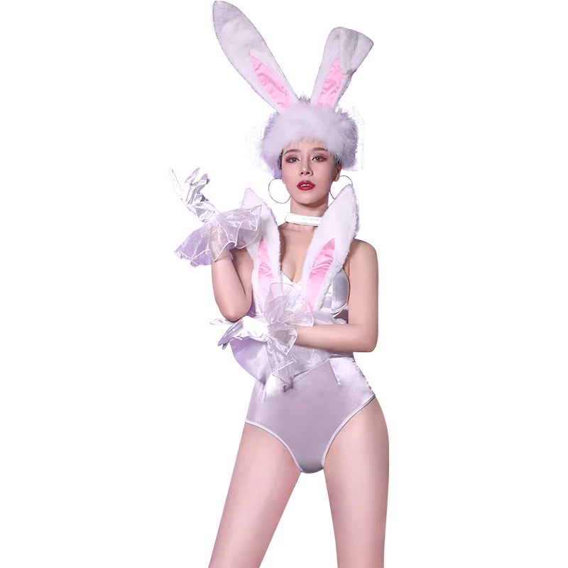 

Latest Bunny Girl CosplayCostume Roupa Feminina Bar DS DJ Nightclub Jumpsuit White Jazz Dance Costume Party Rave Outfit BL2437