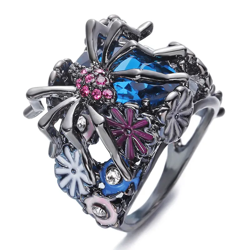 Черные кольца с большим цветком пауком для женщин и девочек модное кольцо