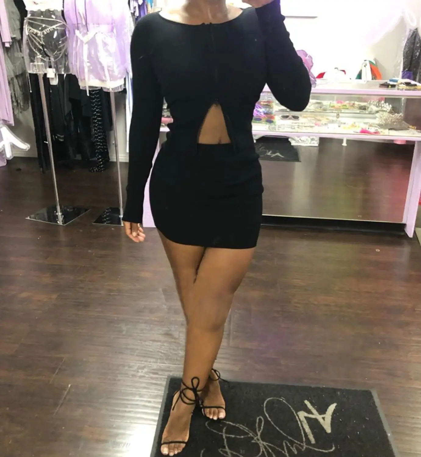 

CY8507 Ladies Suit Black Sexy Two-Way Zipper Long-Sleeved Shirt Bag Hip Skirt Two-Piece Fashion Long Street Clothing Suit Women