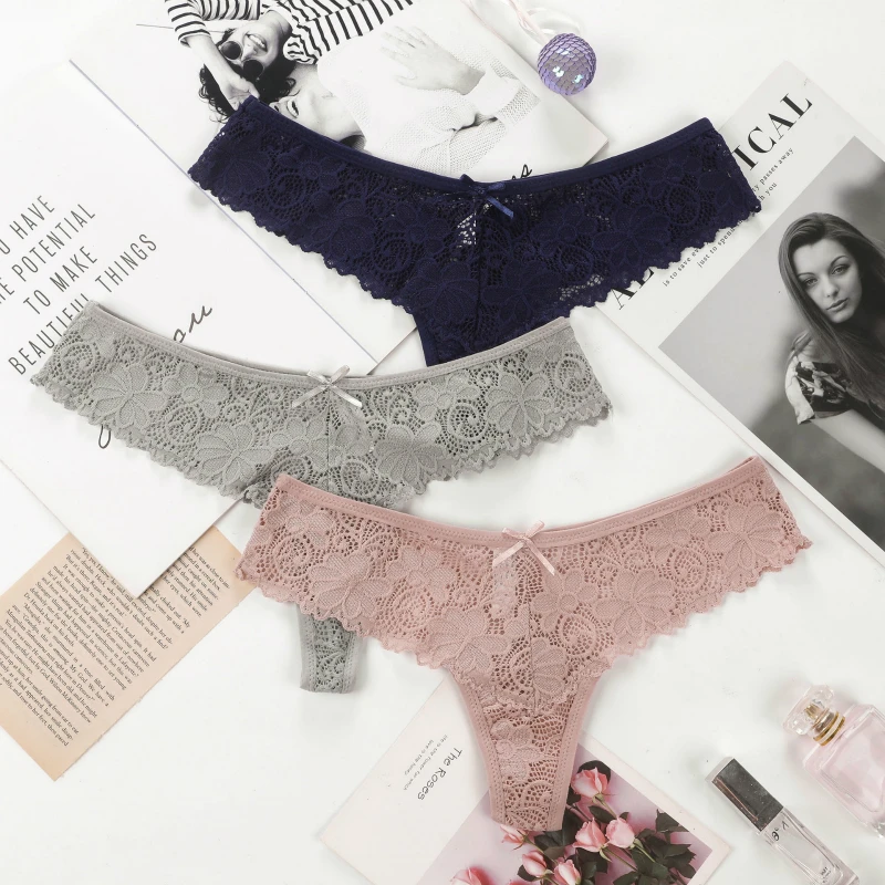 

Women Sexy Lingerie Lace Embroidery Thong Underwear Femal G-string Flour Sheer Transparent Knickers Hollow Out Panties