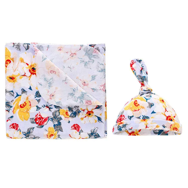 Blue flower Комплект из 2 предметов, хлопковое детское одеяло для пеленания+ шапка, одеяло для новорожденных, осенний спальный мешок для малышей, банное полотенце, размер 90*90 см - Цвет: Blue flower