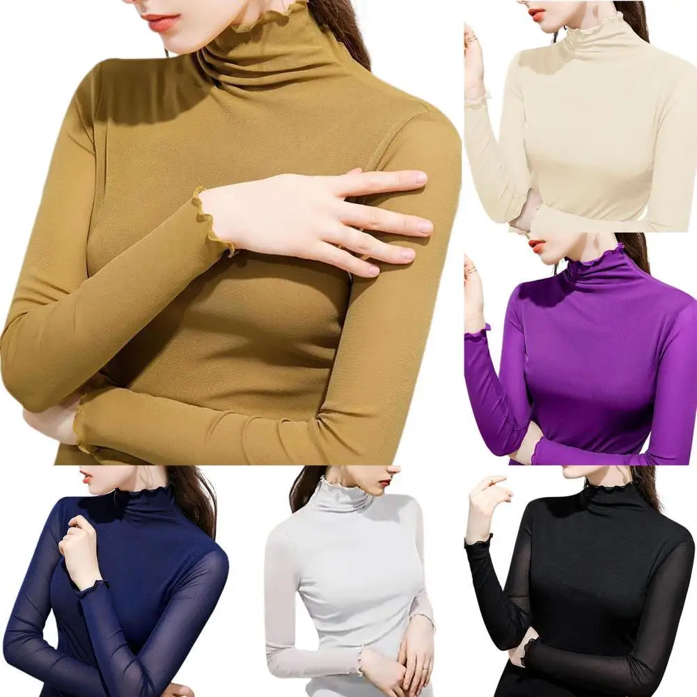 

Solid Color T-Shirt for Women Autumn Winter Long Sleeve Wavy Hem Turtle Neck Base Top Shirts Women Slim Turtleneck Top Tshirts